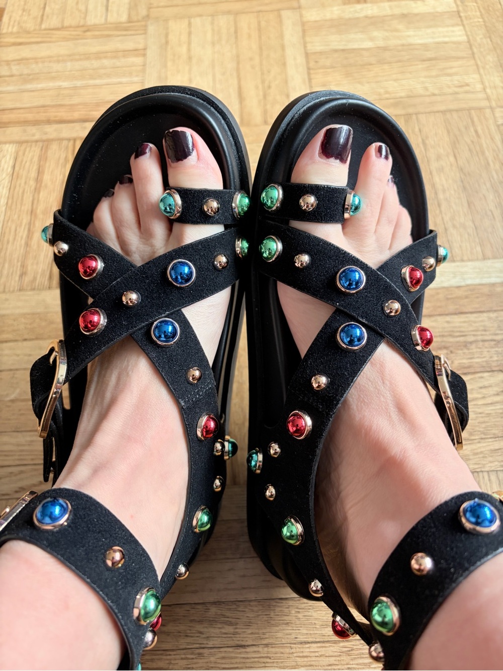 Black Studded Gem-Accent Crisscross Sandals